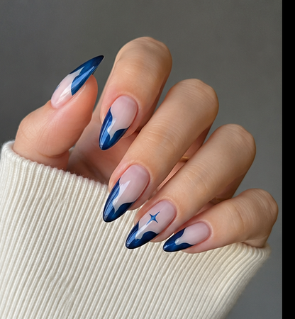 Blue Star French Tip Press-On Nails – Medium Almond, 24 Pcs