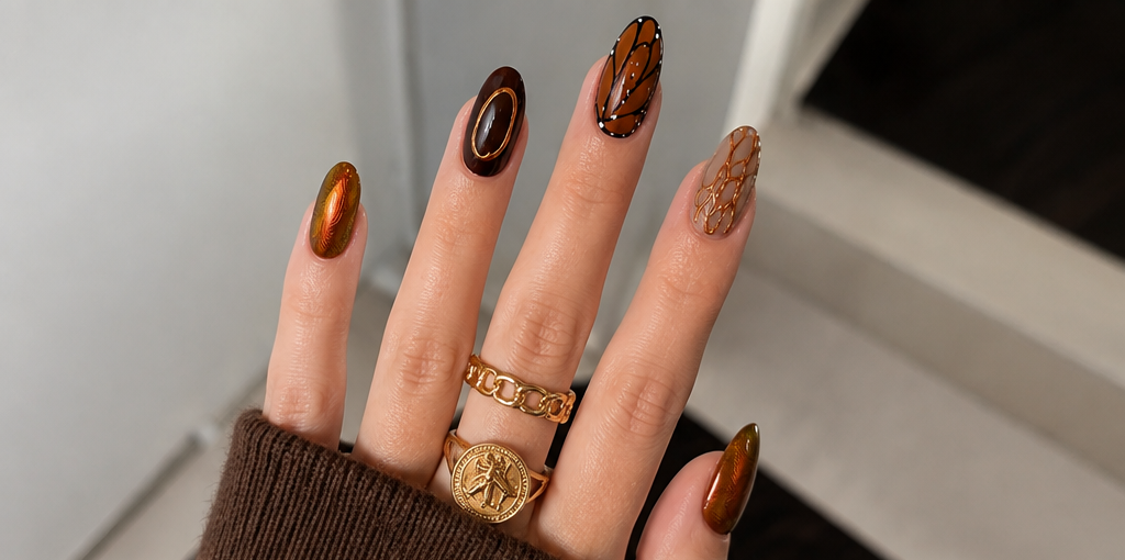 BABALAL Fall Medium Almond Press-On Nails – Brown Butterfly & 3D Gold Texture, 24PCS
