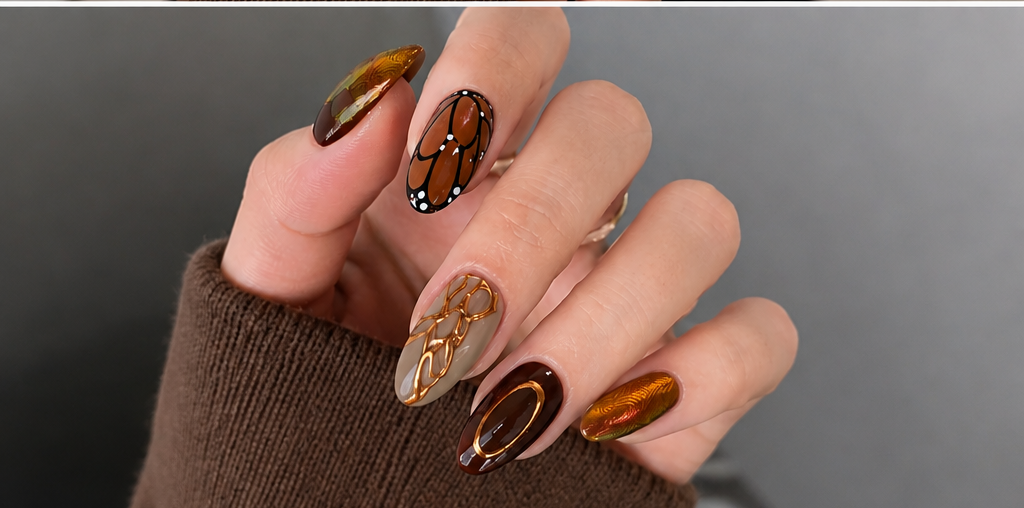 BABALAL Fall Medium Almond Press-On Nails – Brown Butterfly & 3D Gold Texture, 24PCS