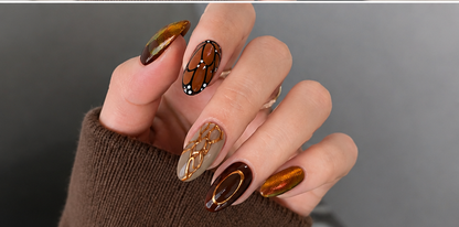BABALAL Fall Medium Almond Press-On Nails – Brown Butterfly & 3D Gold Texture, 24PCS