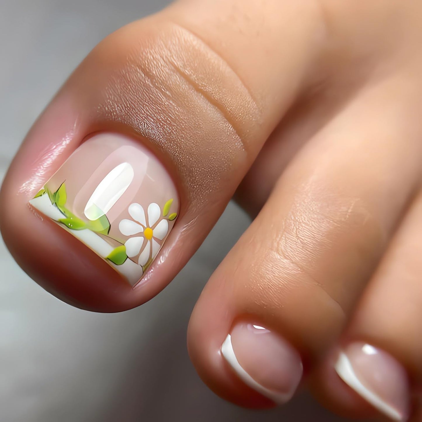 Short Square French Tip Daisy Press-On Toenails, 24pcs