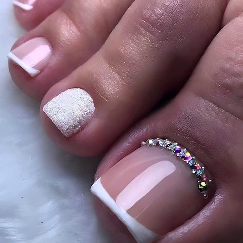 TONYHY Short Square Pink French Tip Press-On Toenails with Glitter Rhinestones