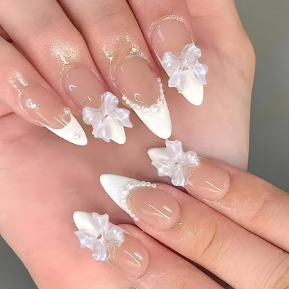 Medium Almond White French Tip Press-On Nails with Pearls & Bow Charms, Glossy Full-Cover Fake Nails for Women & Girls, 24 Pcs