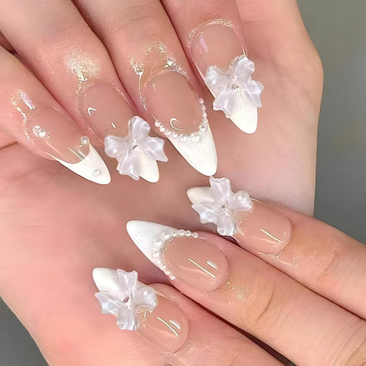 Medium Almond White French Tip Press-On Nails with Pearls & Bow Charms, Glossy Full-Cover Fake Nails for Women & Girls, 24 Pcs