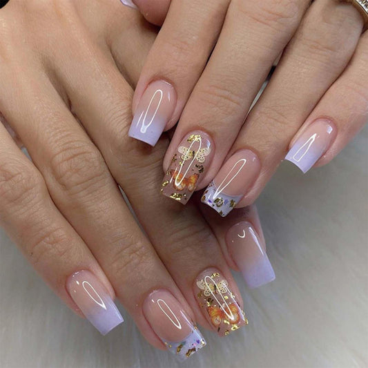 Butterfly Purple French Tip Press On Nails – Medium Square Gold Foil Fake Nails, 24pcs