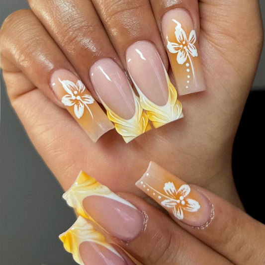 Floral Yellow & Brown Long Square Press-On Nails – Water Wave French Tip, 24pcs