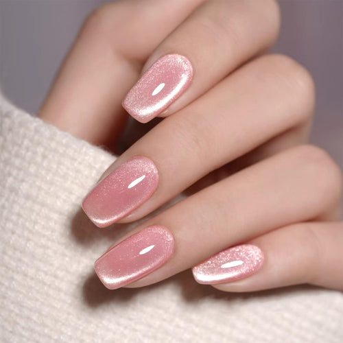RUPOFUZA 24Pcs Medium Square Pink Cat Eye Acrylic Press-On Nails