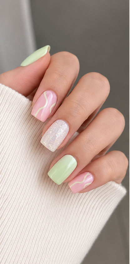 Medium Square Green & Pink Swirl Glitter Press-On Nails – 24 Pcs