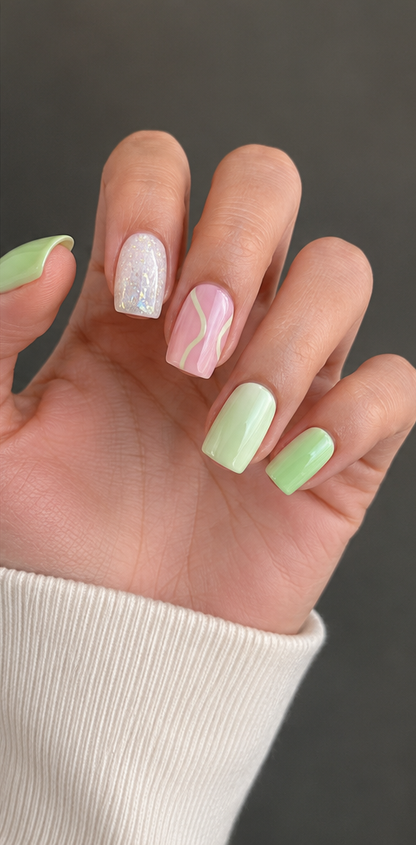 Medium Square Green & Pink Swirl Glitter Press-On Nails – 24 Pcs