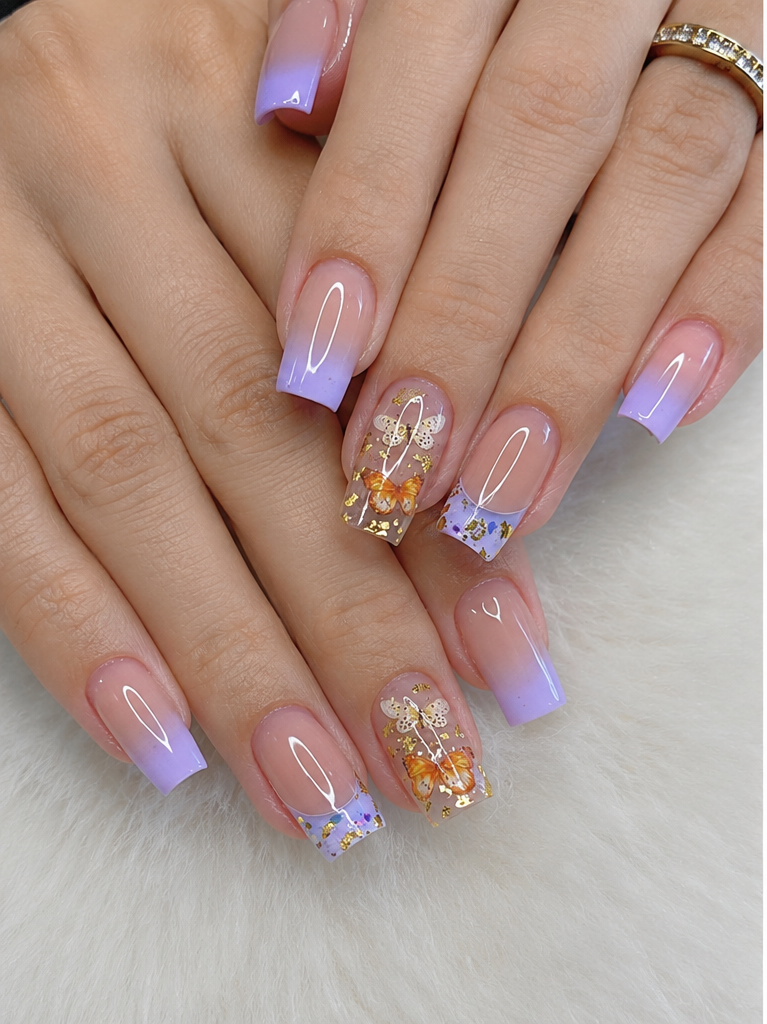 Butterfly Purple French Tip Press On Nails – Medium Square Gold Foil Fake Nails, 24pcs
