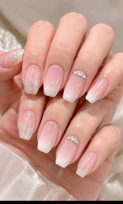 Gradient Pink Rhinestone Press-On Nails – Short Square Coffin, 24pcs