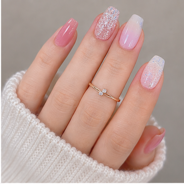 Pink Glitter Gradient Coffin Press-On Nails – Medium Length, 24 Pcs