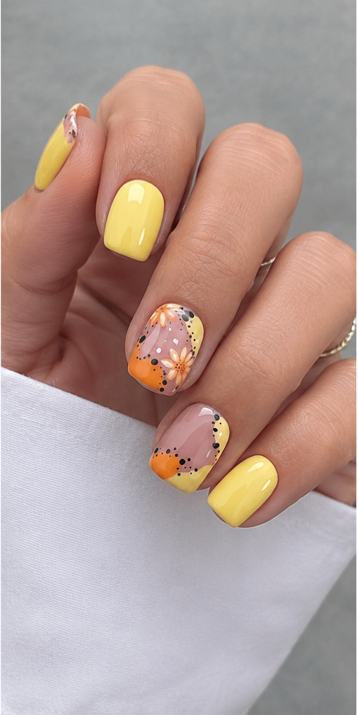 Short Yellow Flower & Polka Dot Press-On Nails – 24PCS