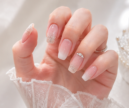 Gradient Pink Rhinestone Press-On Nails – Short Square Coffin, 24pcs