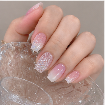 Pink Glitter Gradient Coffin Press-On Nails – Medium Length, 24 Pcs