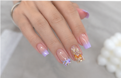 Butterfly Purple French Tip Press On Nails – Medium Square Gold Foil Fake Nails, 24pcs
