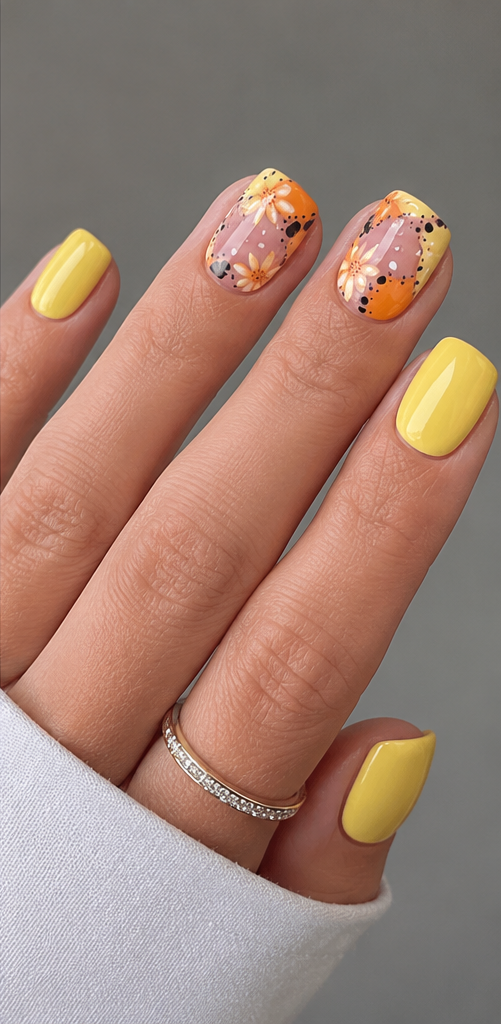 Short Yellow Flower & Polka Dot Press-On Nails – 24PCS