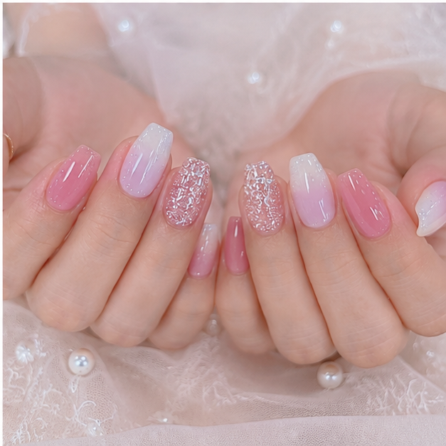 Pink Glitter Gradient Coffin Press-On Nails – Medium Length, 24 Pcs