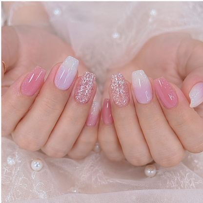 Pink Glitter Gradient Coffin Press-On Nails – Medium Length, 24 Pcs