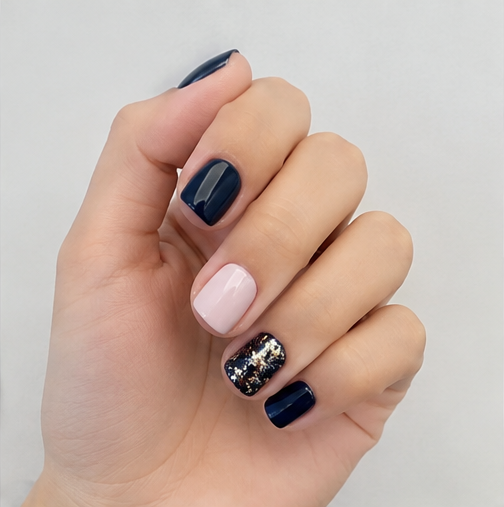 Inky Blue & Pink Glitter Short Square Press-On Nails – 24 Pcs