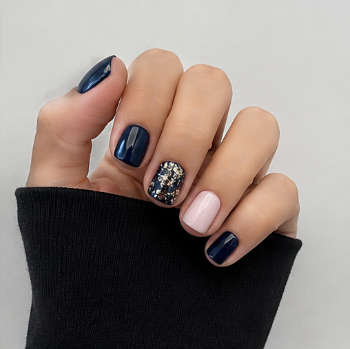 Inky Blue & Pink Glitter Short Square Press-On Nails – 24 Pcs