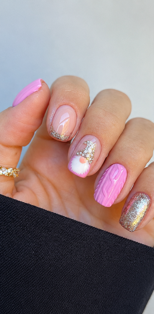 SHANRUN 24Pcs Short Square Pink Glitter Christmas Press-On Nails