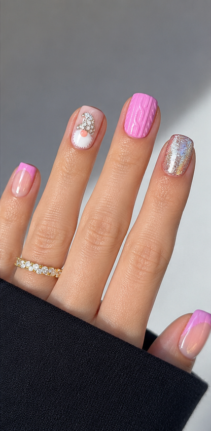 SHANRUN 24Pcs Short Square Pink Glitter Christmas Press-On Nails