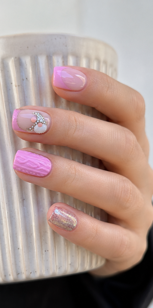 SHANRUN 24Pcs Short Square Pink Glitter Christmas Press-On Nails