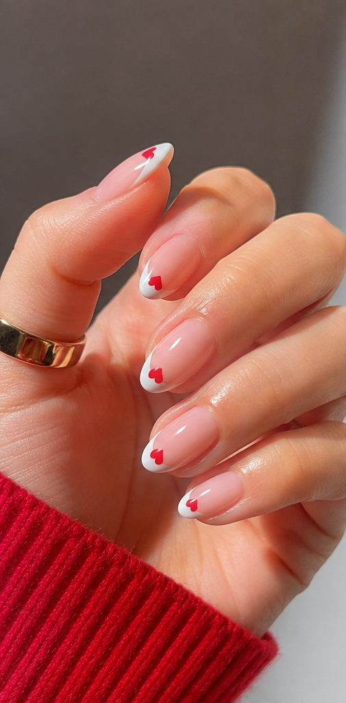 YEFIUO 24Pcs Extra Short Almond Pink Heart French Tip Press-On Nails