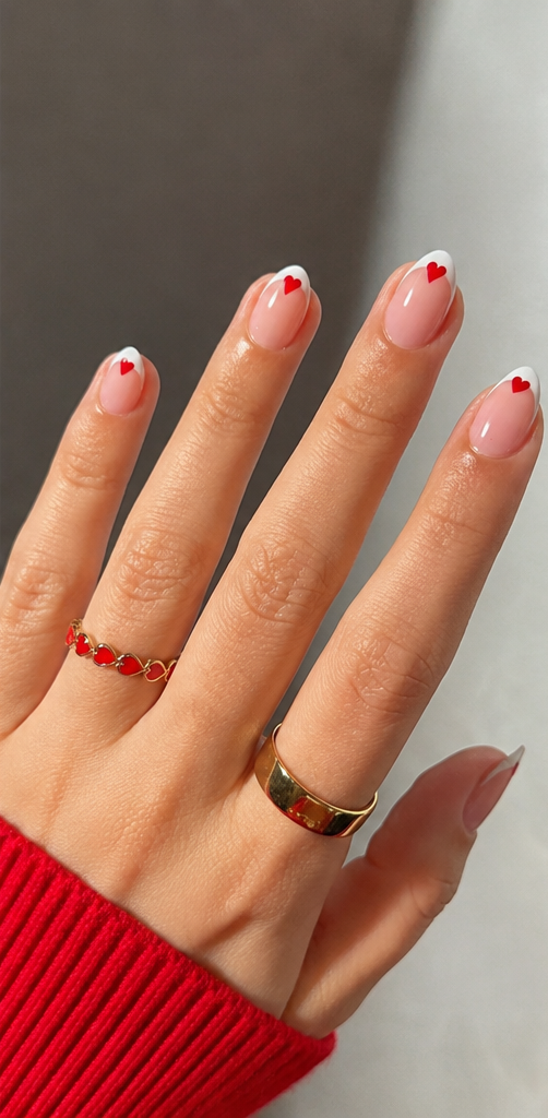 YEFIUO 24Pcs Extra Short Almond Pink Heart French Tip Press-On Nails