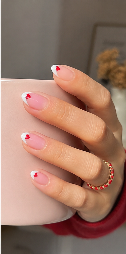 YEFIUO 24Pcs Extra Short Almond Pink Heart French Tip Press-On Nails