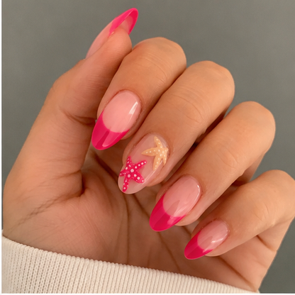 Pink French Tip Starfish Press-On Nails – Glossy Summer Design, 24 Pcs