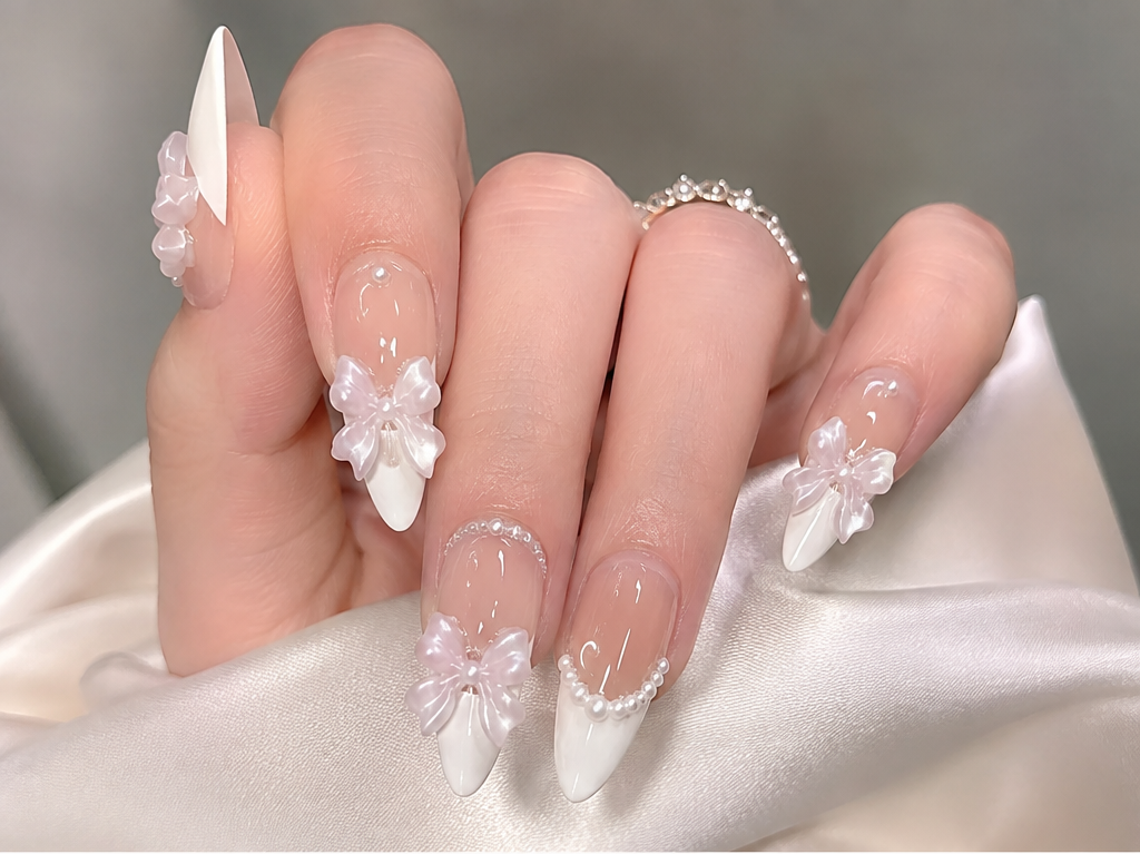 Medium Almond White French Tip Press-On Nails with Pearls & Bow Charms, Glossy Full-Cover Fake Nails for Women & Girls, 24 Pcs