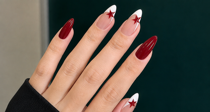 Y2K Wine Red Star French Tip Press-On Nails – Medium Almond, 24 Pcs