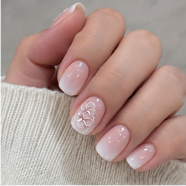 RUPOFUZA Short Square Press-On Nails – White Ombre Floral Gloss, 24 Pcs