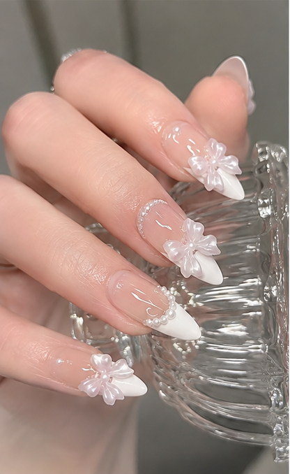 Medium Almond White French Tip Press-On Nails with Pearls & Bow Charms, Glossy Full-Cover Fake Nails for Women & Girls, 24 Pcs