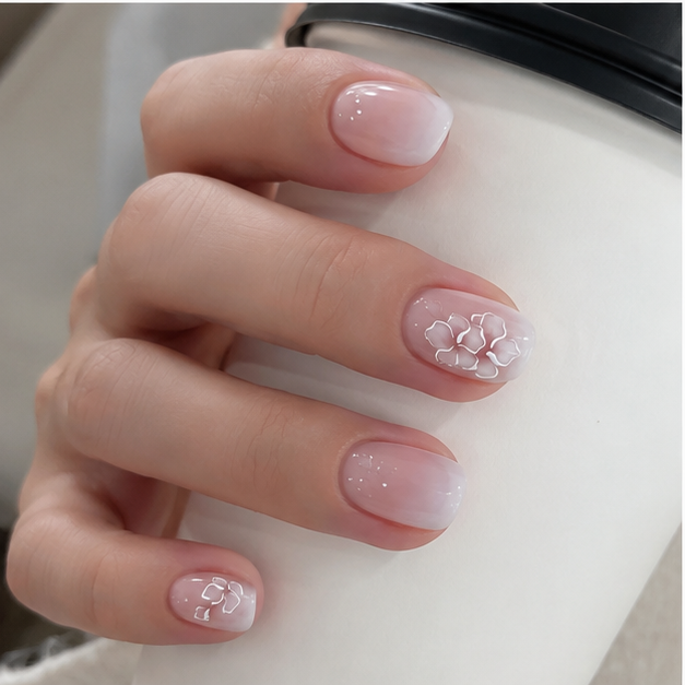 RUPOFUZA Short Square Press-On Nails – White Ombre Floral Gloss, 24 Pcs