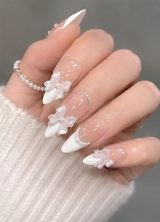 Medium Almond White French Tip Press-On Nails with Pearls & Bow Charms, Glossy Full-Cover Fake Nails for Women & Girls, 24 Pcs