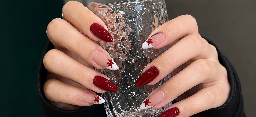 Y2K Wine Red Star French Tip Press-On Nails – Medium Almond, 24 Pcs
