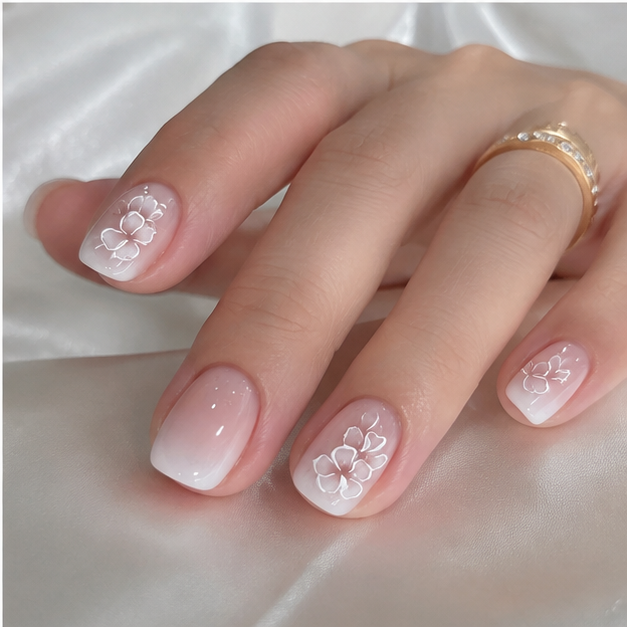 RUPOFUZA Short Square Press-On Nails – White Ombre Floral Gloss, 24 Pcs