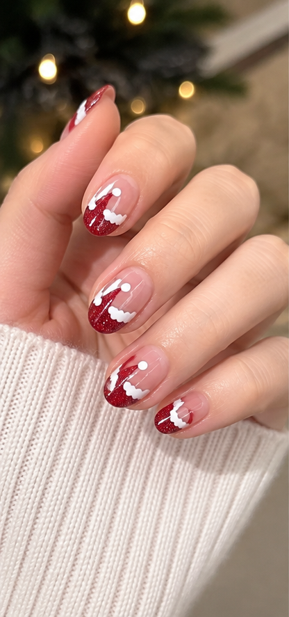 24Pcs Short Oval Nude Pink Red French Tip Christmas Press-On Nails