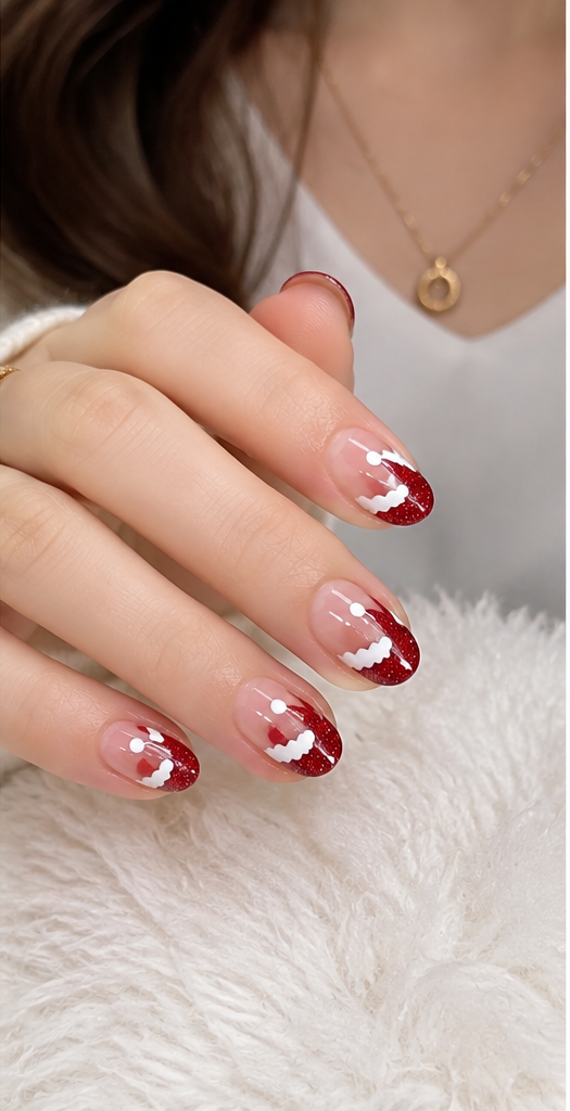 24Pcs Short Oval Nude Pink Red French Tip Christmas Press-On Nails
