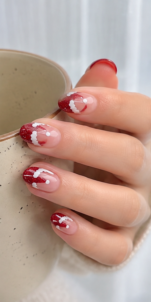 24Pcs Short Oval Nude Pink Red French Tip Christmas Press-On Nails