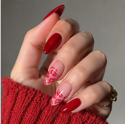 Valentine’s Day Red Lip French Tip Press-On Nails – Medium Almond, 24 Pcs