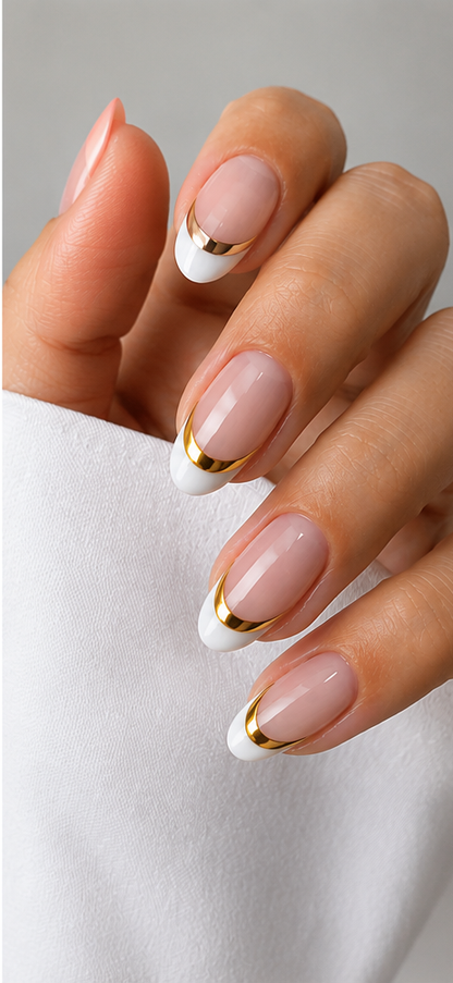 24Pcs Short Almond Pink White French Tip Press-On Nails with Gold Line Design